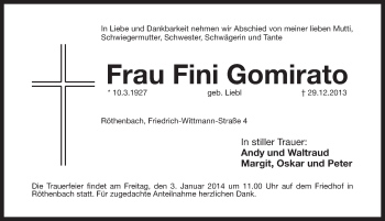 Traueranzeige von Fini Gomirato von Pegnitz-Zeitung